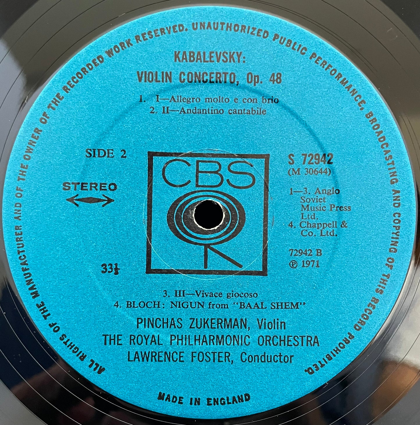 Pinchas Zukerman, Wieniawski, Kabalevsky, Bloch,– Violin Concerto No. 2– USED Vinyl LP