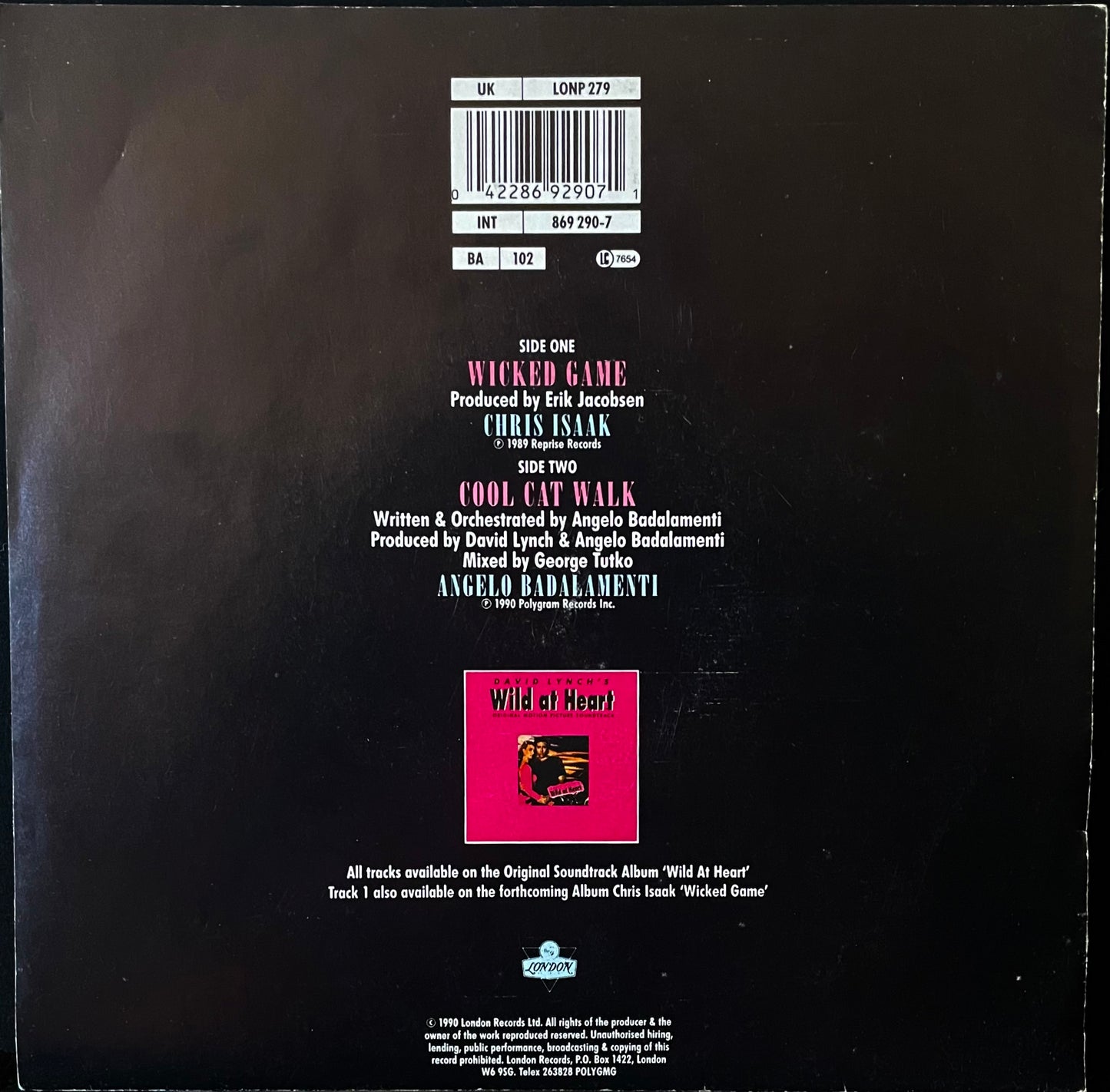 Chris Isaak – Wicked Game - USED Vinyl 7" Single  - Limited Edition Poster Sleeve