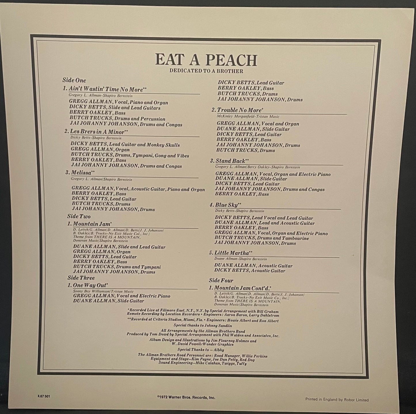 The Allman Brothers Band – Eat A Peach - USED Vinyl 2LP