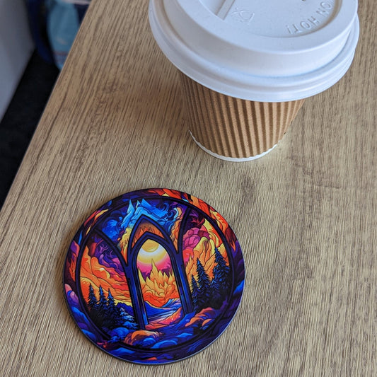 Magical Lands Coaster – Stained Glass Gateway (Circular Design)