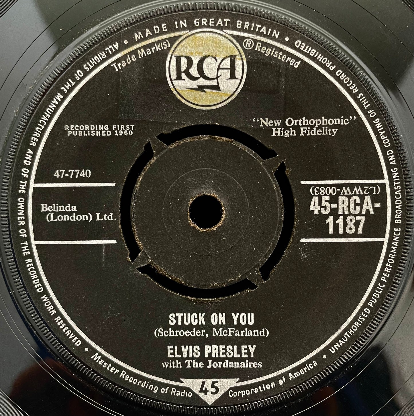 Elvis Presley With The Jordanaires – Stuck On You – USED Vinyl 7" Single