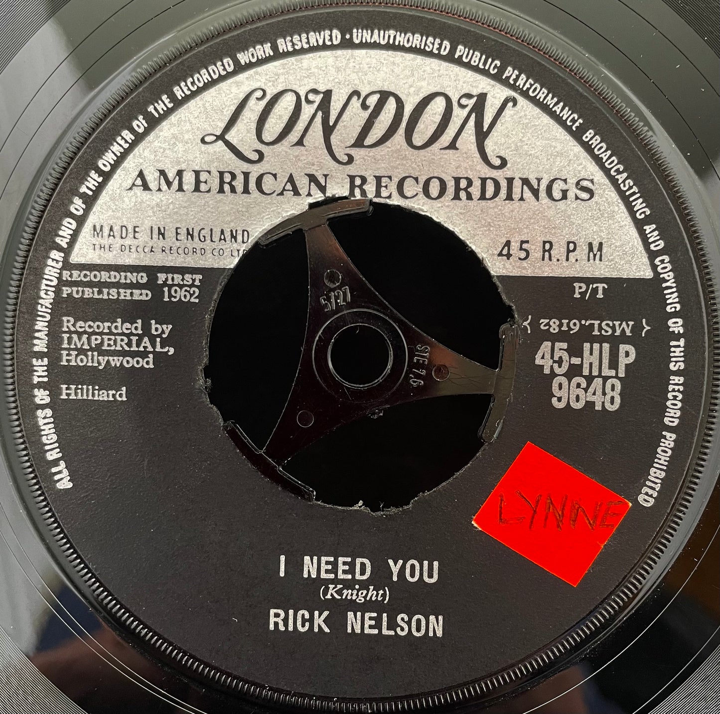 Rick Nelson – It's Up To You – USED Vinyl 7" Single