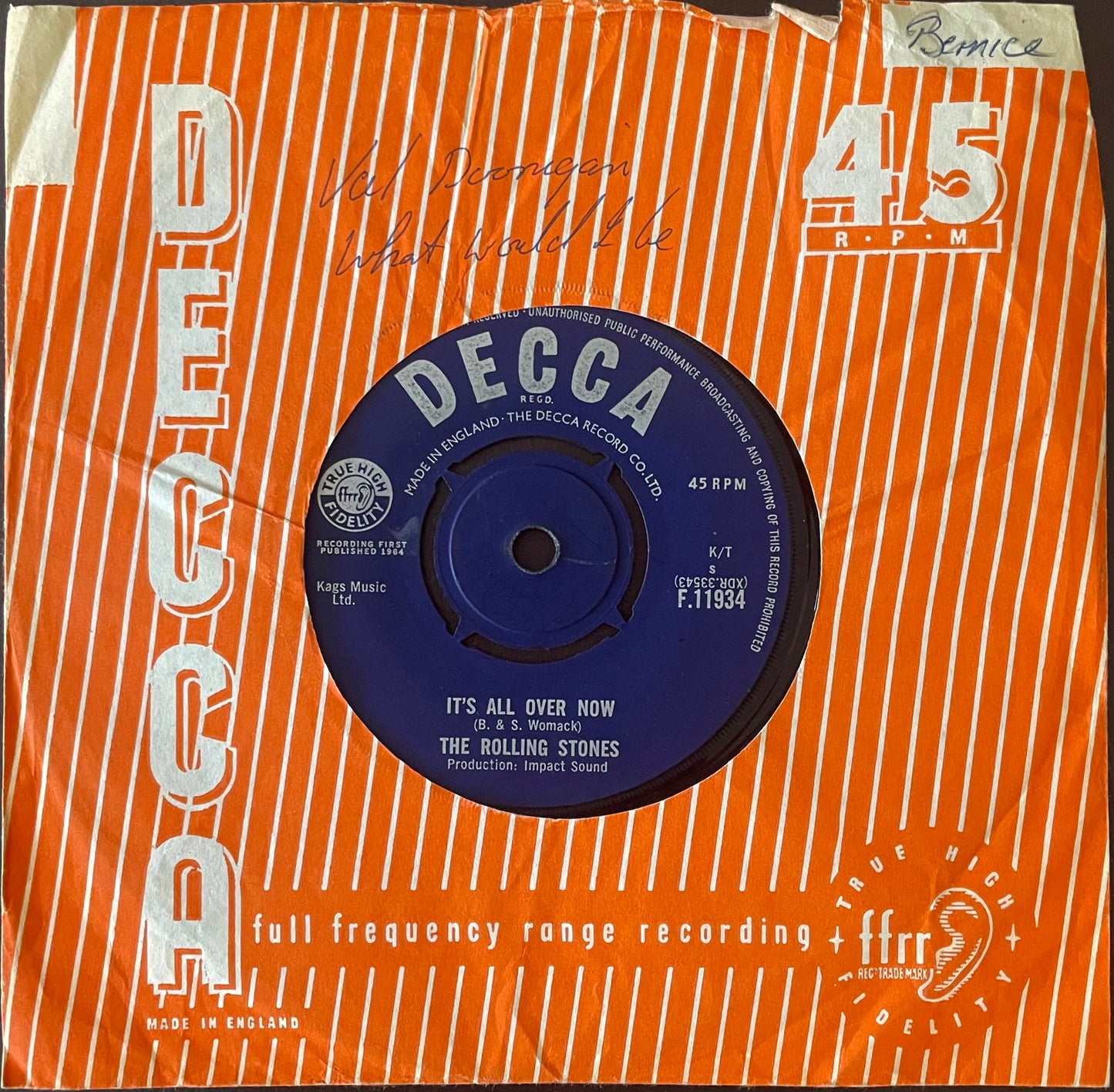 The Rolling Stones – It's All Over Now - USED Vinyl 7" Single