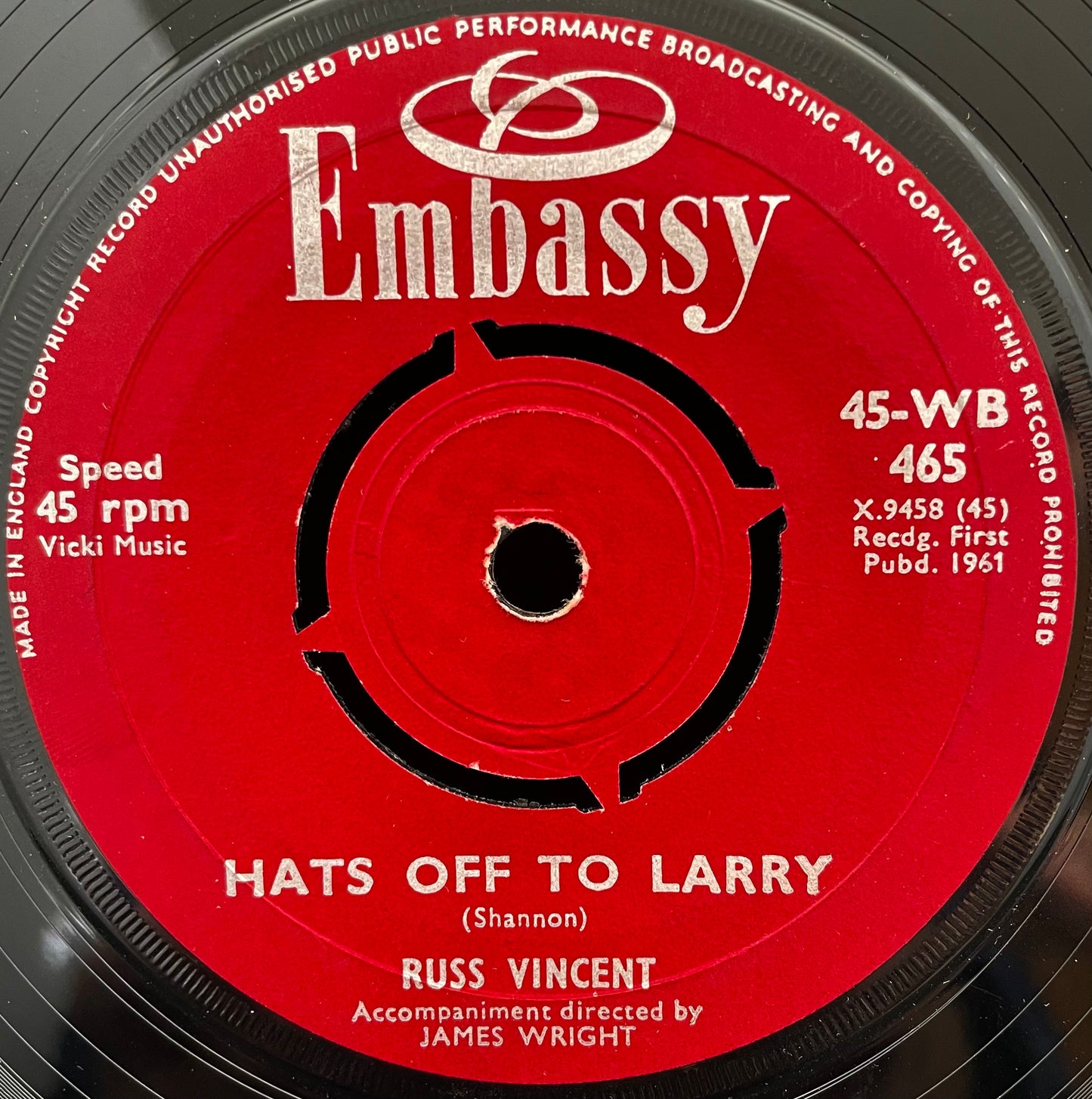 Russ Vincent – Jealousy / Hats Of To Larry – USED Vinyl 7" Single