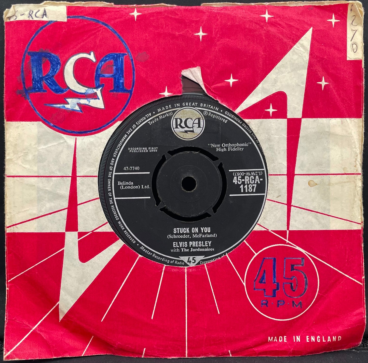 Elvis Presley mit den Jordanaires – Stuck On You – gebrauchte 7"-Vinyl-Single