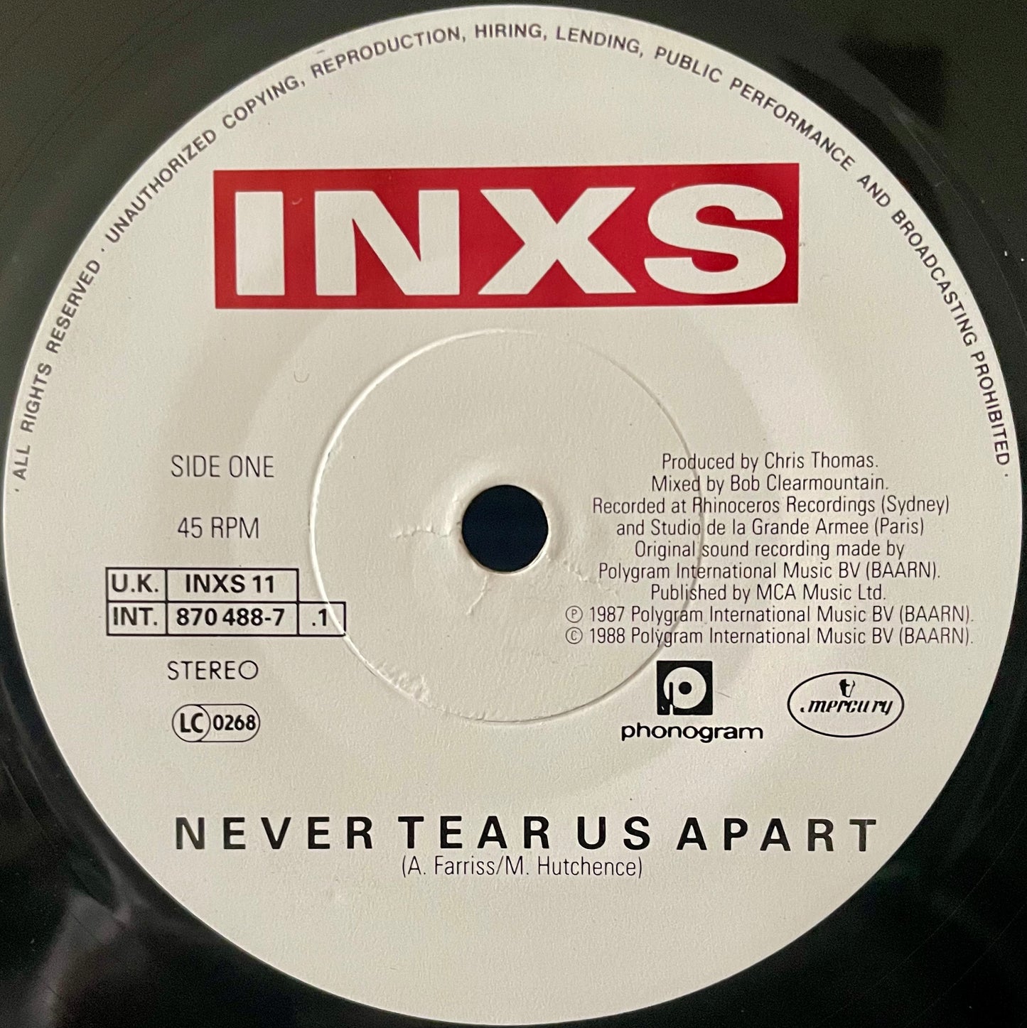 INXS – Never Tear Us Apart - USED Vinyl 7" Single