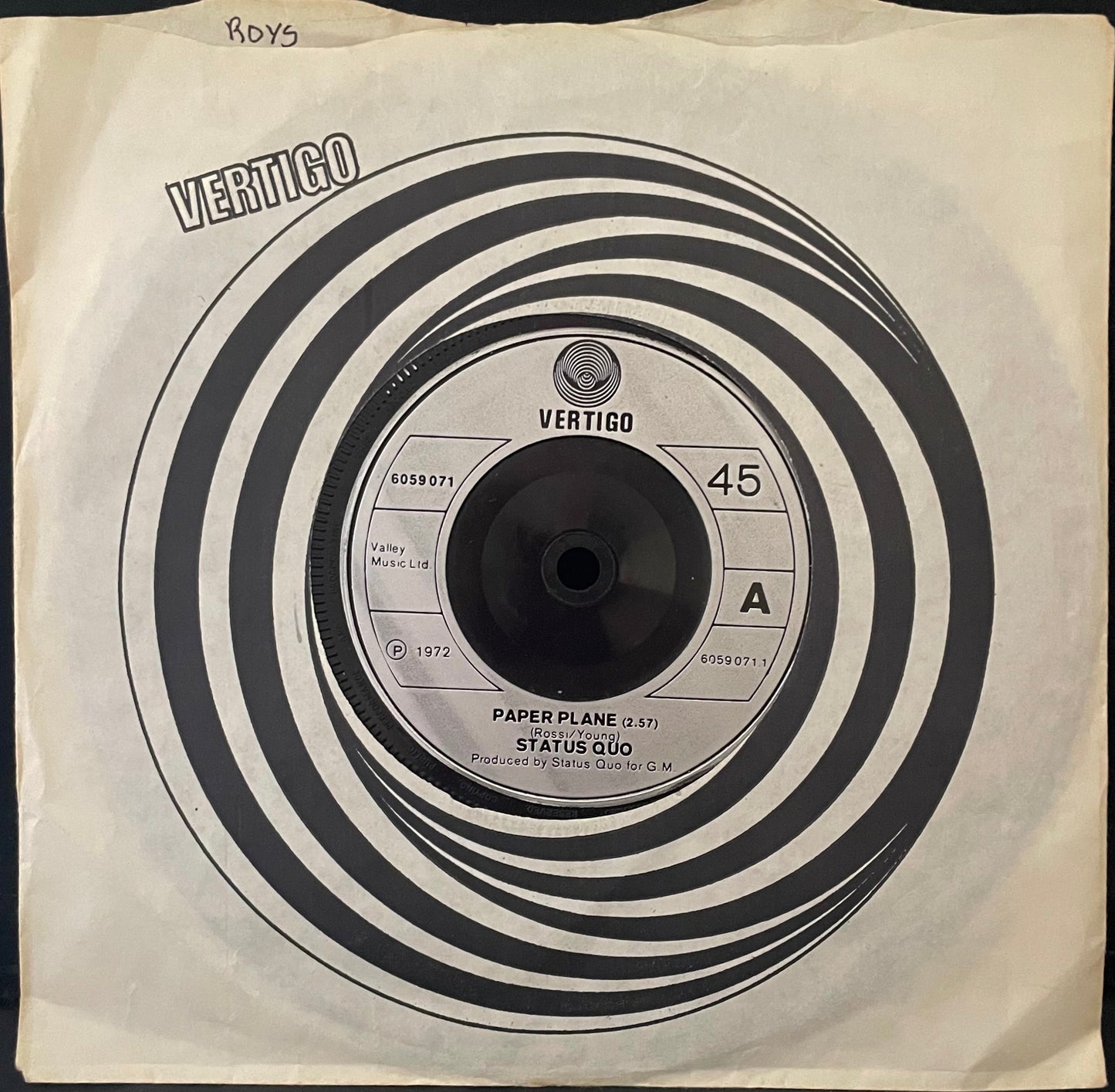 Status Quo – Paper Plane - USED Vinyl 7" Single