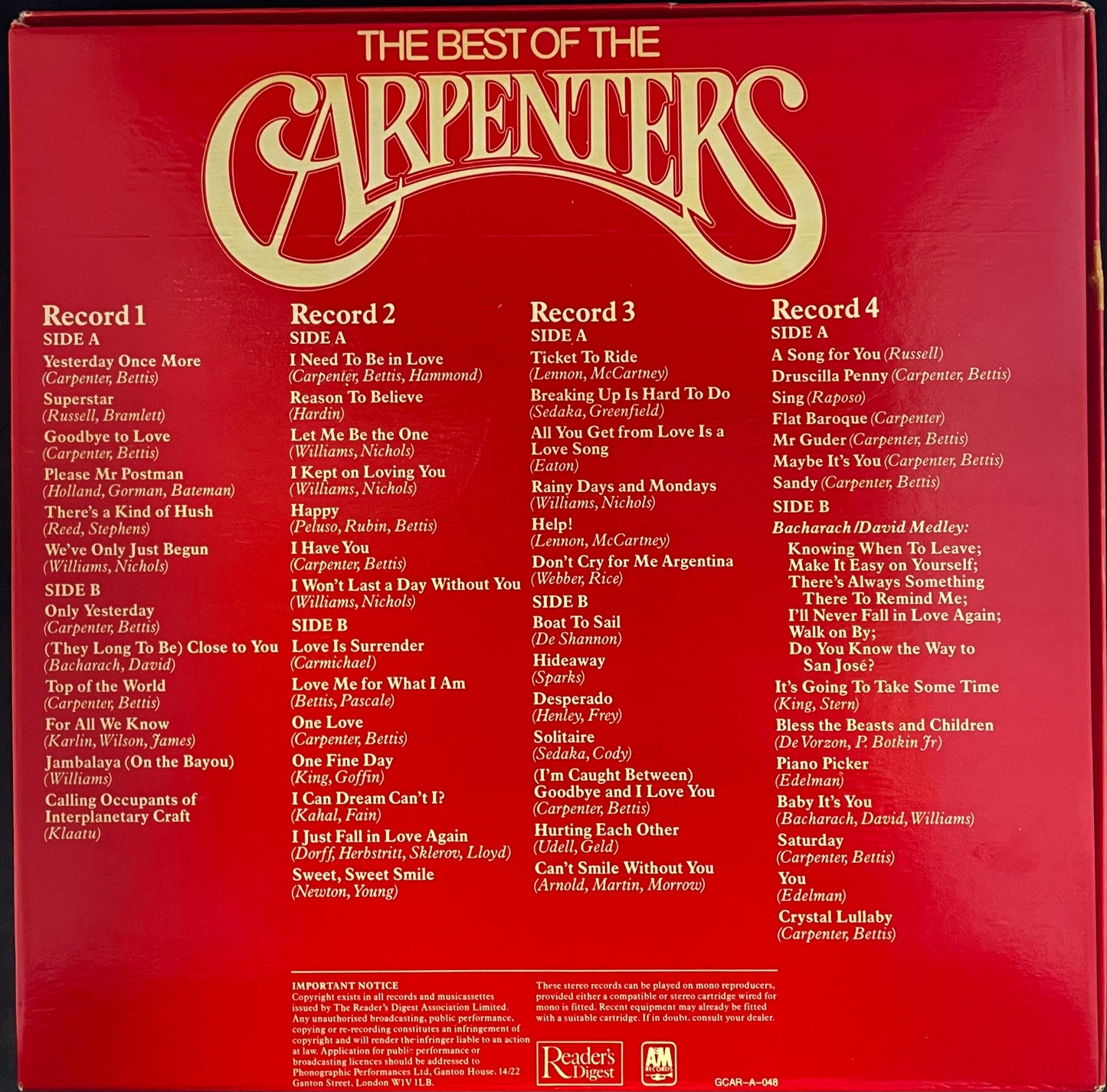 Carpenters – The Best Of The Carpenters - USED Vinyl 4LP Box Set
