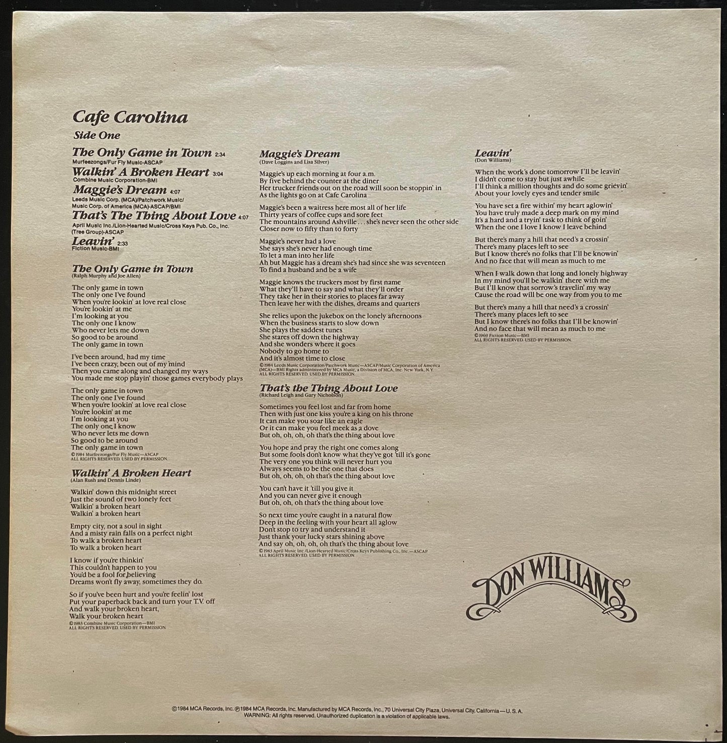 Don Williams – Cafe Carolina - USED Vinyl LP PROMO