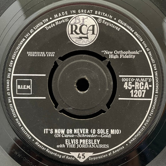 Elvis Presley With The Jordanaires – It's Now Or Never (O Sole Mio) – USED Vinyl 7" Single