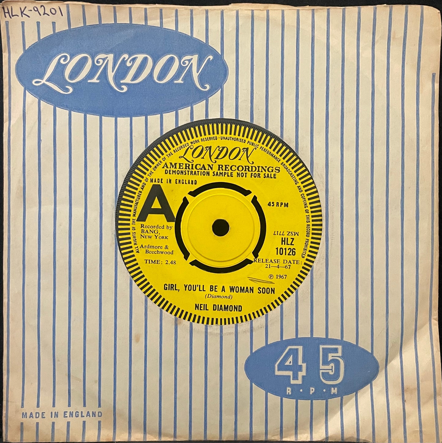 Neil Diamond –  Girl, You'll Be A Woman Soon - USED Vinyl 7" Single PROMO