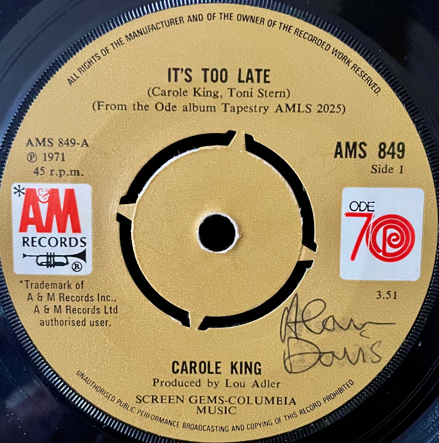 Carole King – It's Too Late - USED Vinyl 7" Single