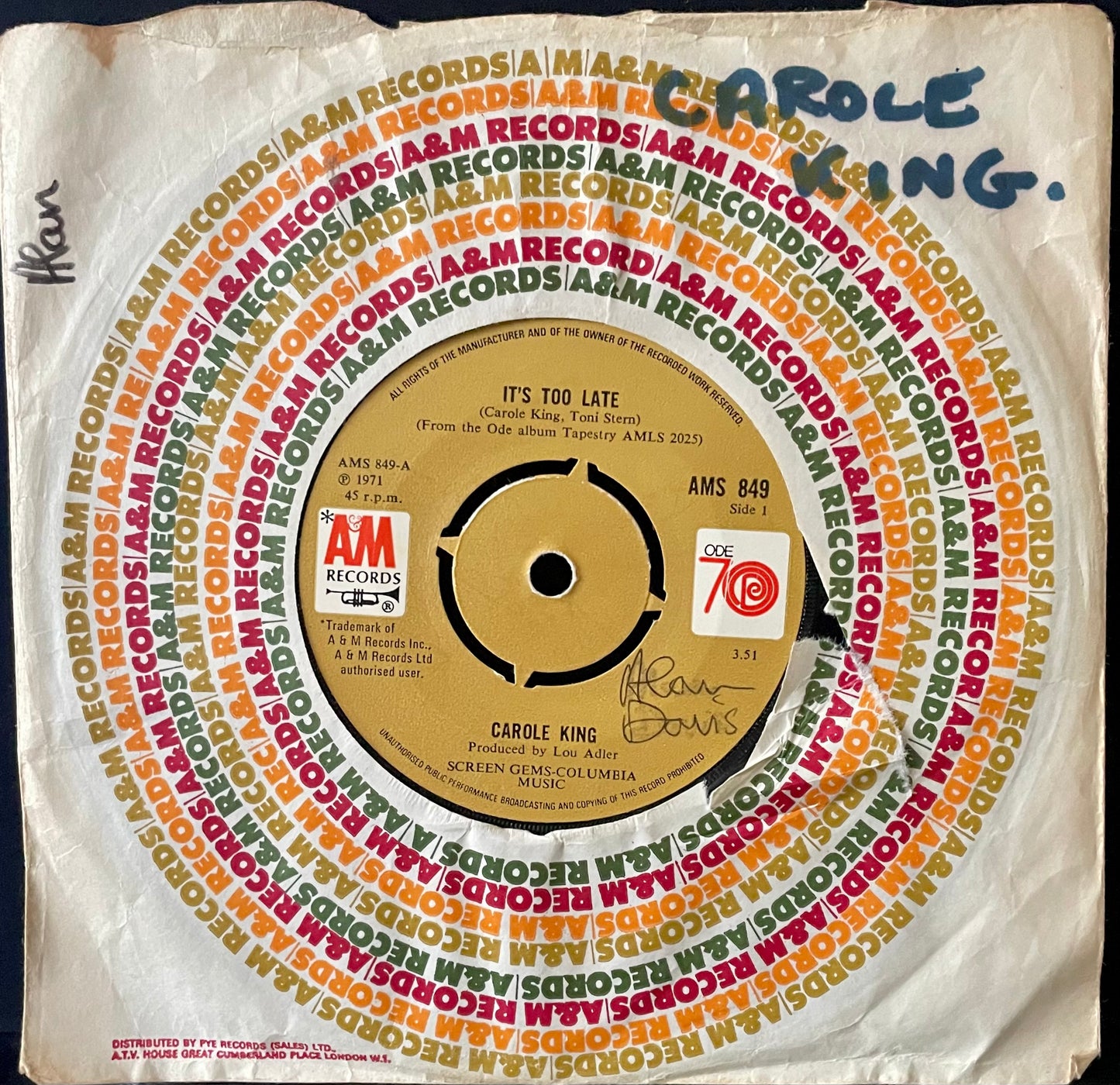 Carole King – It's Too Late - USED Vinyl 7" Single