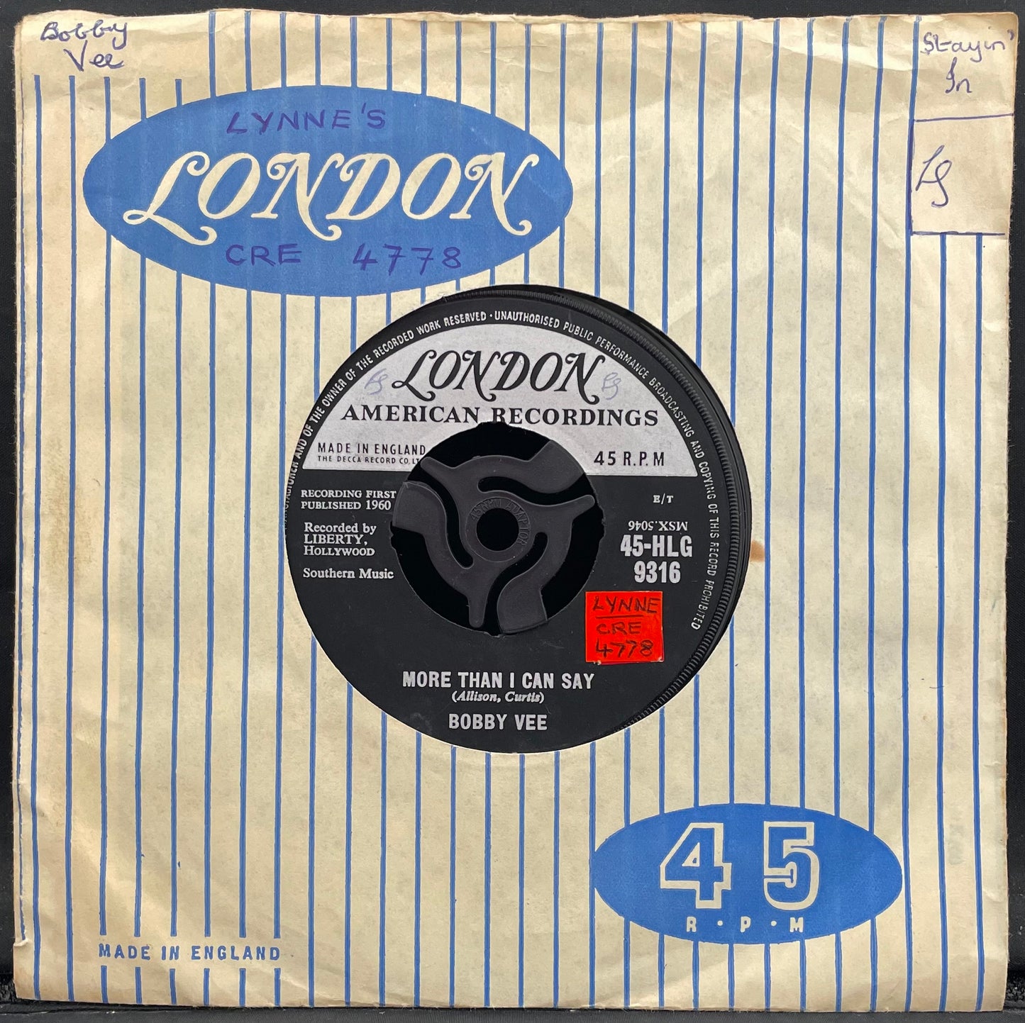 Bobby Vee – More Than I Can Say / Stayin' In – gebrauchte 7"-Vinyl-Single