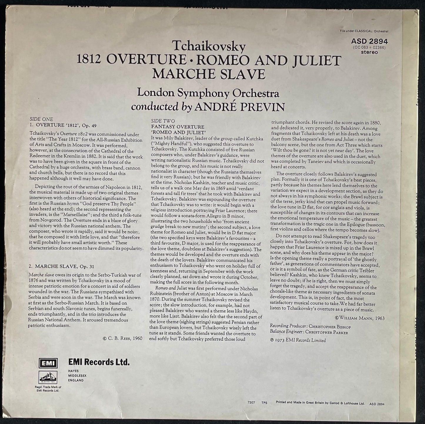 Tchaikovsky - André Previn – 1812 Overture, Romeo and Juliet, Marche Slave. - USED Vinyl LP