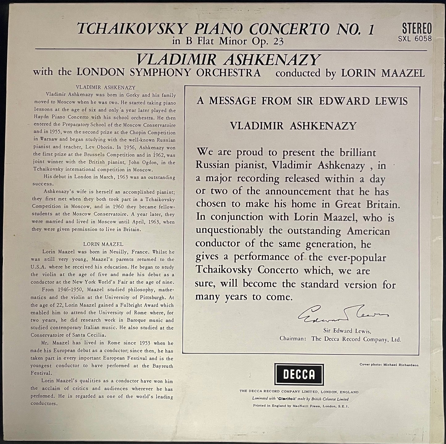 Tchaikovsky, London Symphony Orchestra – Piano Concerto Nº 1 - USED Vinyl LP