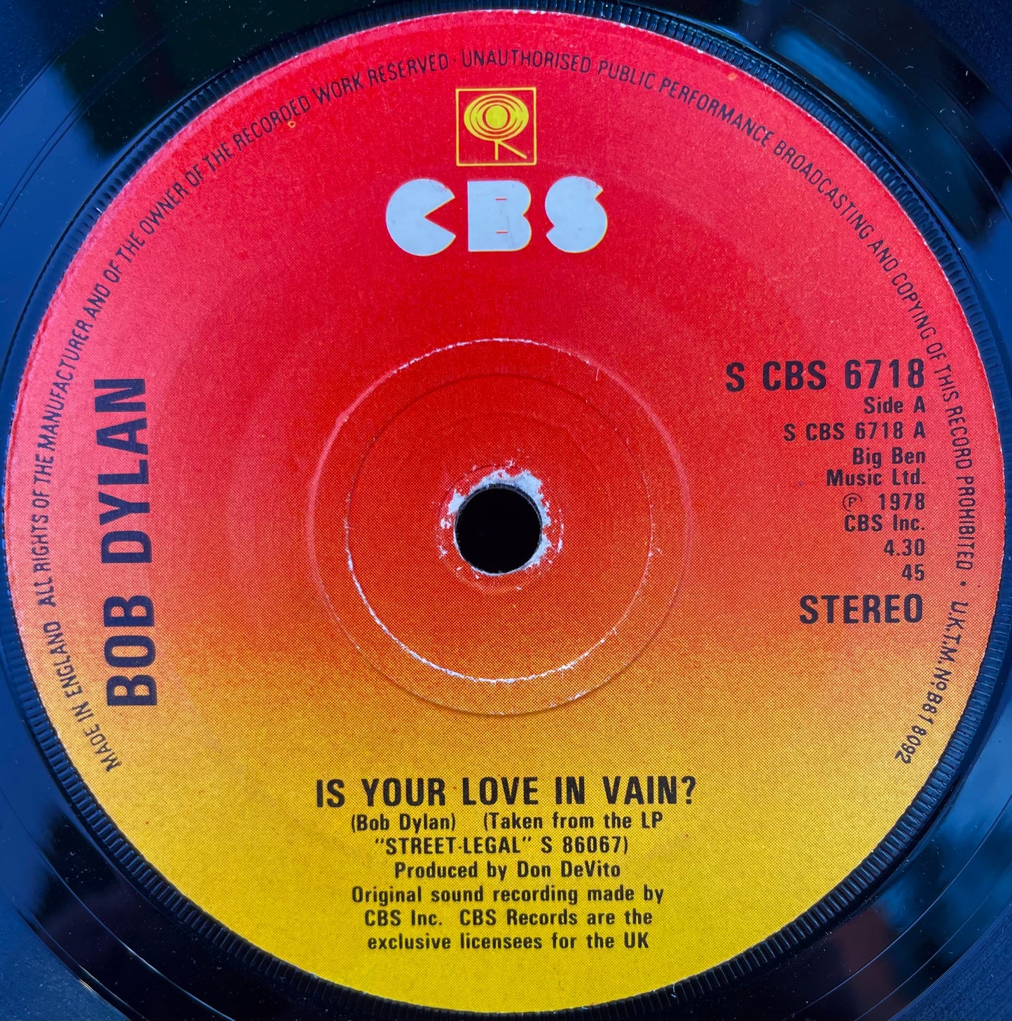 Bob Dylan – Is Your Love In Vain? - USED Vinyl 7" Single