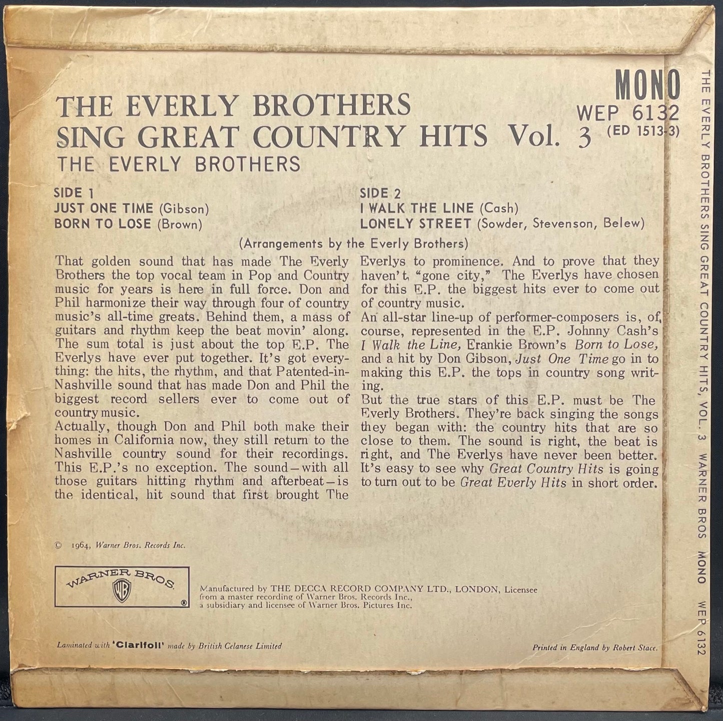 Everly Brothers ‎– Sing Great Country Hits Vol.3 – USED Vinyl 7" EP MONO