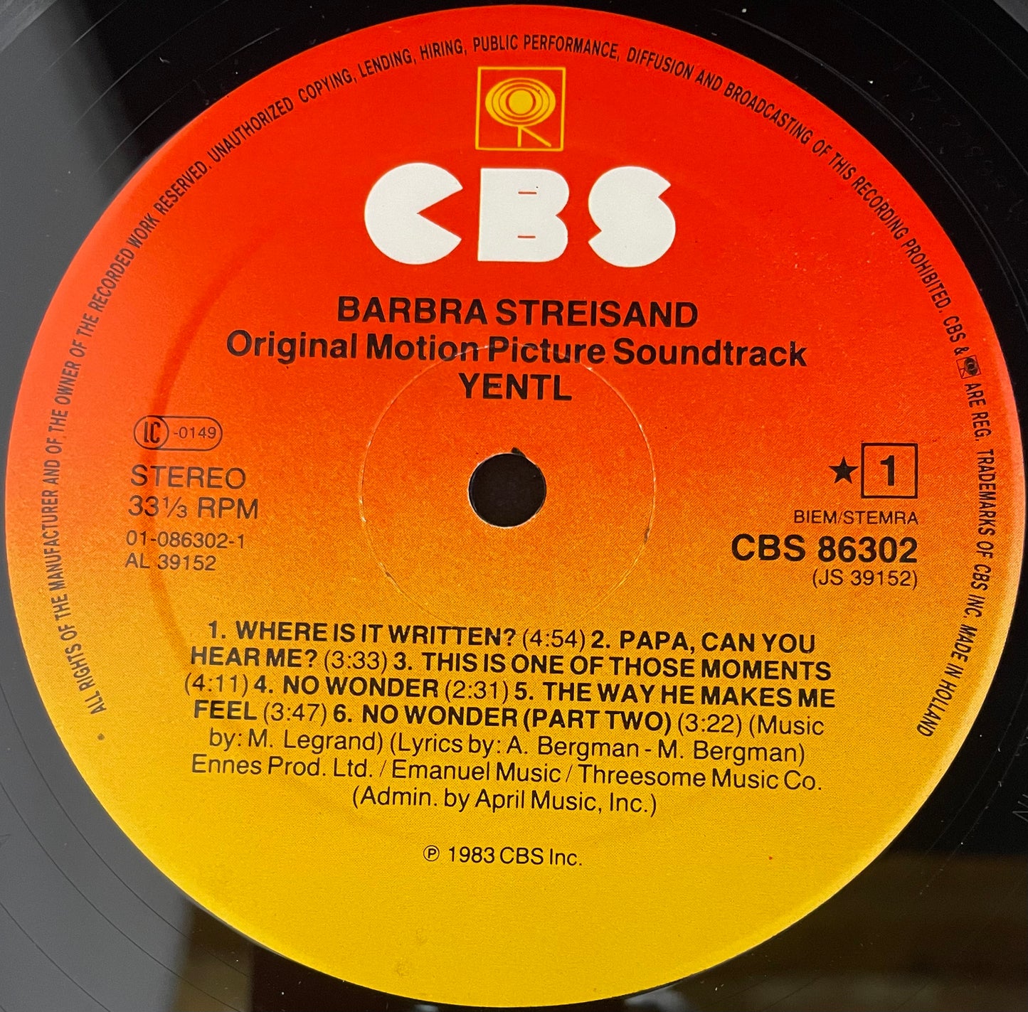 Barbra Streisand – Yentl - Original Motion Picture Soundtrack - USED Vinyl LP