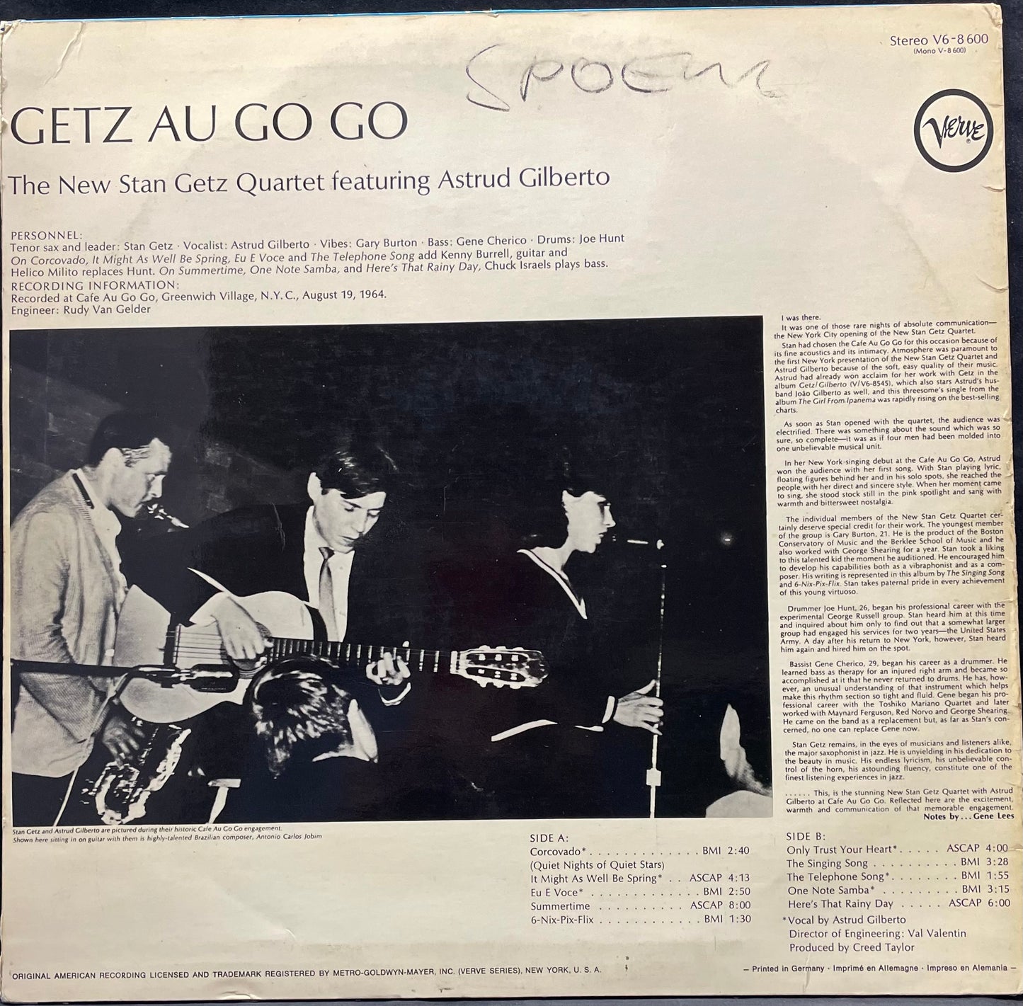 The New Stan Getz Quartet Featuring Astrud Gilberto – Getz Au Go Go - USED Vinyl LP