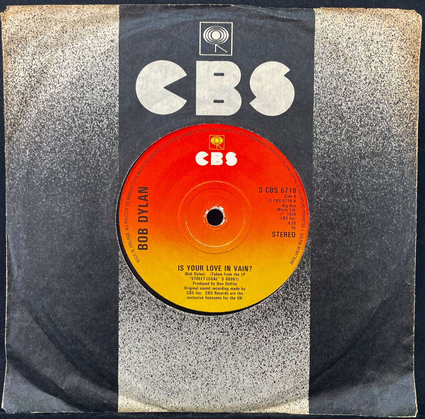 Bob Dylan – Is Your Love In Vain? - USED Vinyl 7" Single