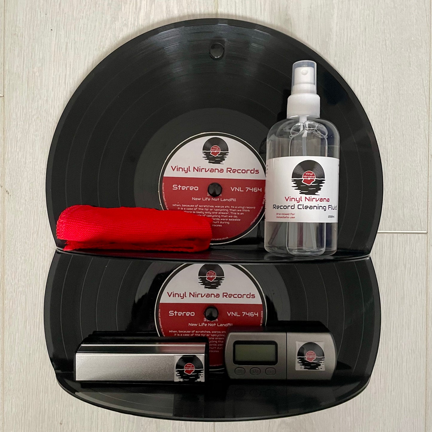 Vinyl Record Care Bundle 3 - Cleaning Fluid, Accessory Stand, Carbon Fibre/Velvet Brush, Tracking Force Scale & Microfibre Cloth