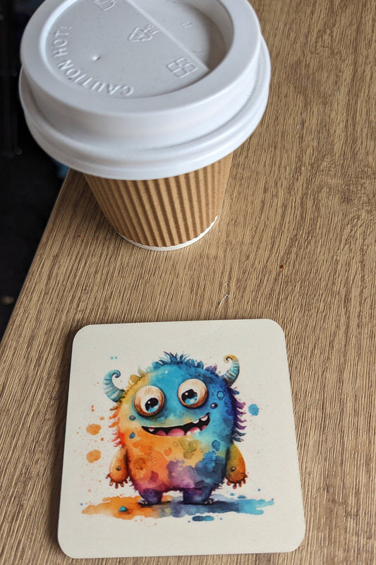 Little Monsters Coasters | Set of 4 Bright Fun Cartoon Monster Characters | Unique Drinkware Accessories for Kids & Adults